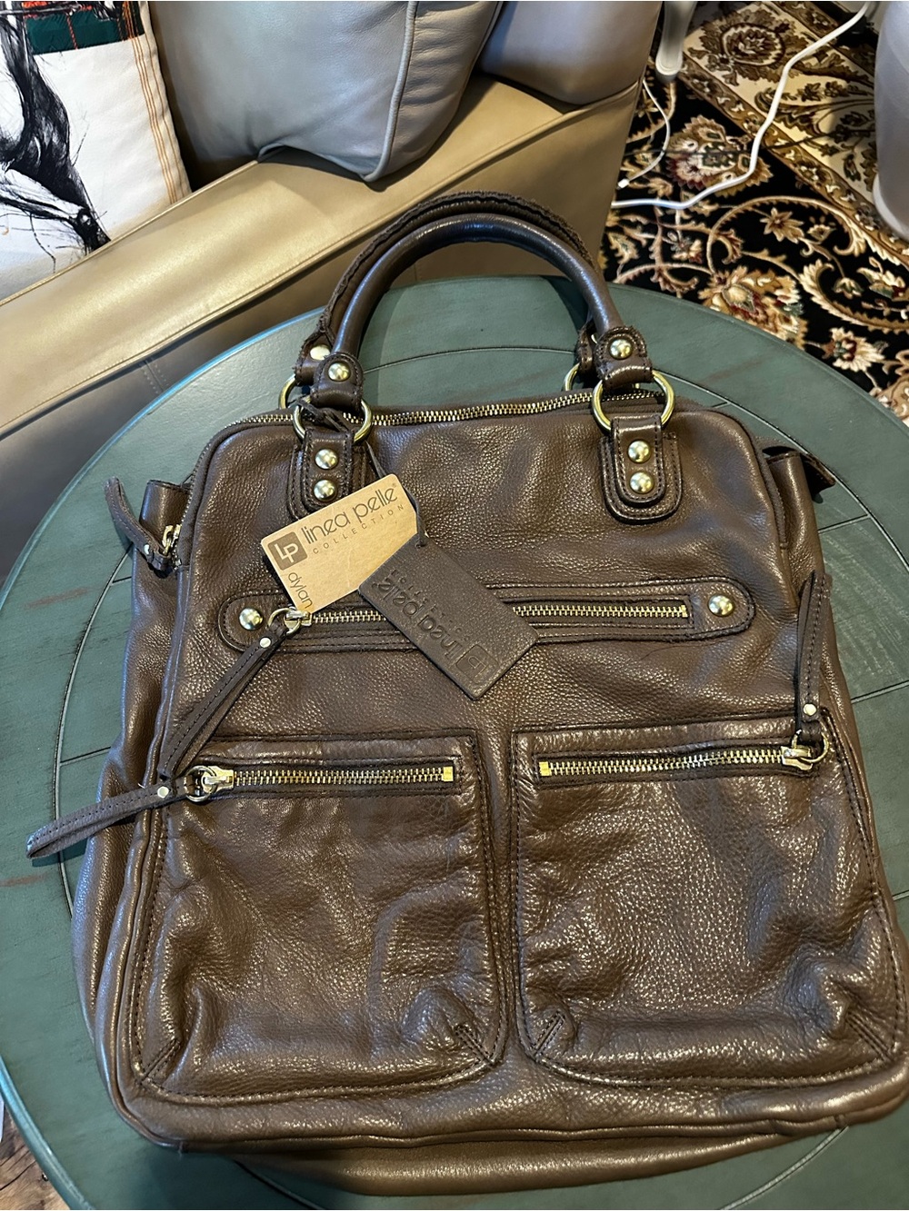 Linea Pelle Brown Leather Shoulder Bag with Gold Hardware